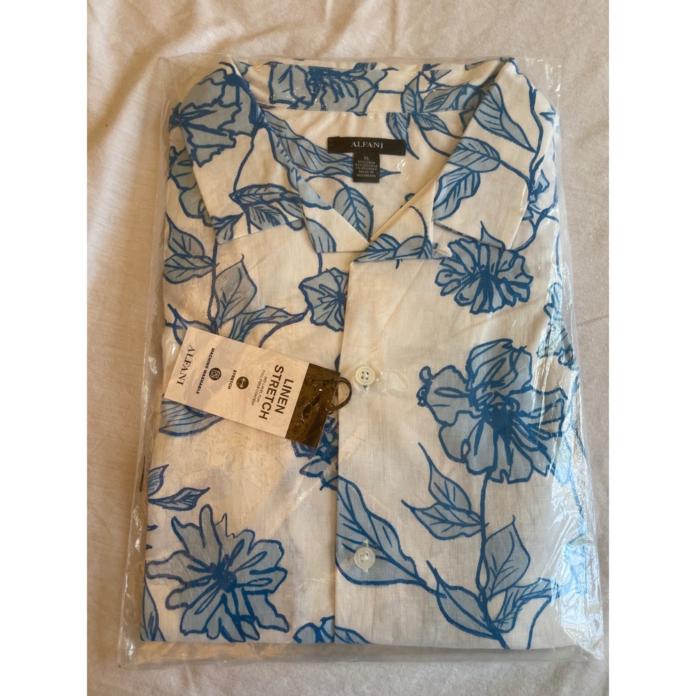 Alfani Mens XL Linen Blend Stretch Blue White Floral Button Down Shirt Classic